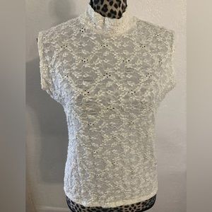 Dress Barn Blouse top L Shear embroided Ivory cream Jewel neck sleeveless